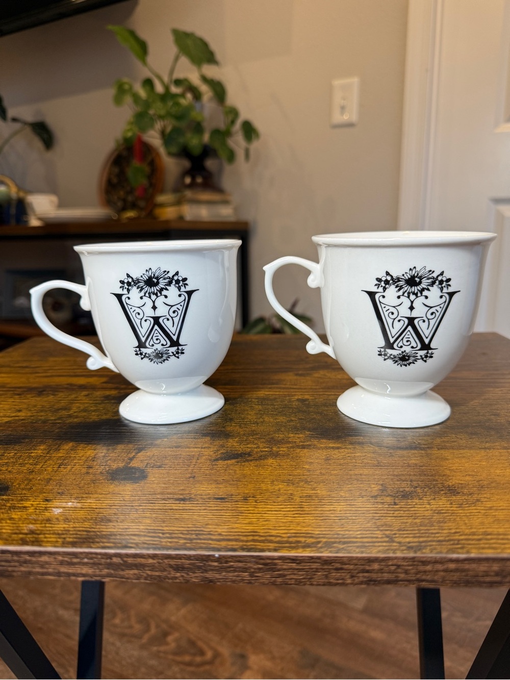 Anthropologie Monogram W Footed Pedestal Mugs Floral Black White Set of 2